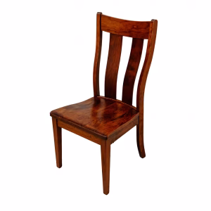 A dark wooden chair with a curved backrest, vertical slats, and curved seat and legs stands against a white background.