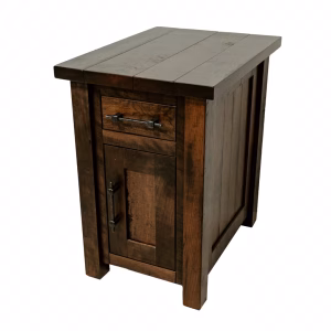 A dark wooden end table with a drawer and cabinet stands against a white background, showcasing its rustic charm and functional design.