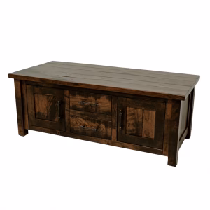 A dark wooden coffee table with a rectangular top, six drawers, and two cabinets stands against a white background, showcasing its rich texture and craftsmanship.