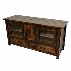 A dark wooden TV stand with two doors and glass panels on each side features two drawers and sturdy metal handles, ready to hold a TV and electronics.