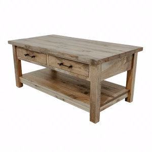 A light-colored wooden coffee table with two drawers and a shelf stands against a white background, showcasing a simple yet elegant design.