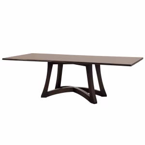 A rectangular, dark wooden table with an X-shaped base and curved sides is positioned centrally against a white background.