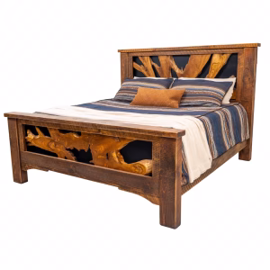 A wooden bed with a tree trunk headboard and footboard, adorned with a blue and white striped blanket and orange pillows, stands against a white background.