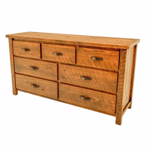 A light brown wooden dresser with six drawers and dark metal handles stands against a white background, showcasing its rustic charm.