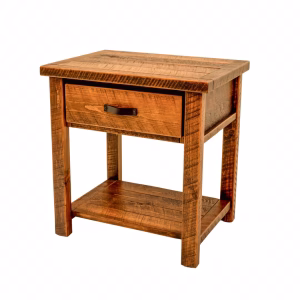 A light brown wooden nightstand with a drawer and shelf stands against a white background, showcasing its rustic charm.