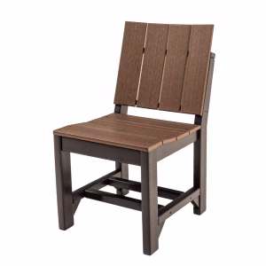 A wooden chair with a dark brown seat and light brown backrest and seat, featuring vertical slats and armrests, stands against a white background.