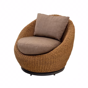 A brown wicker chair with a round cushion and small pillow sits on a black metal base, exuding a relaxed and inviting vibe.