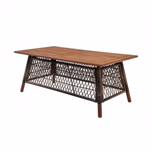 A wooden coffee table with a woven shelf below, its warm tones and minimalist design invitingly inviting.