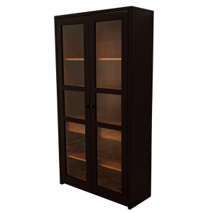 A sleek black wooden cabinet with glass doors, white shelves, and black knobs stands against a white background.