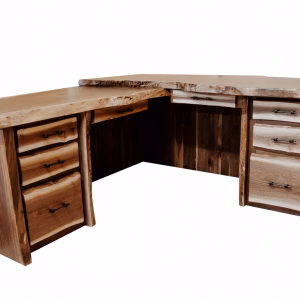 A wooden desk with a natural edge and six drawers sits against a white background, showcasing its rustic charm.