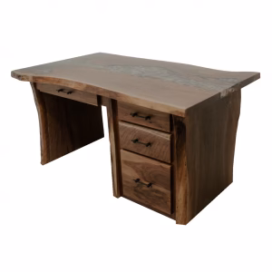 A wooden desk with a natural edge and six drawers stands against a white background, showcasing a light brown finish and a visible wood grain pattern.