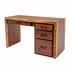 A wooden desk with a natural edge and six drawers stands against a white background, showcasing its rustic charm.