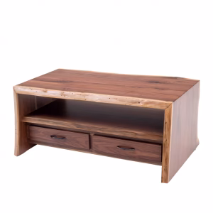 A dark brown wooden coffee table with a natural edge, drawers, and open shelving stands against a white background, showcasing its rustic charm.