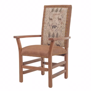 A wooden armchair with a woven seat and backrest, featuring a geometric pattern and animal motifs, is positioned at an angle with a white base.