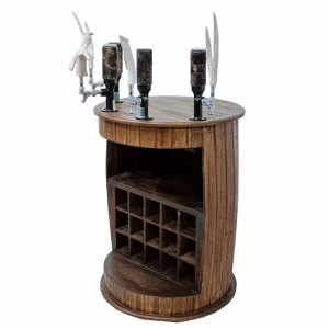 A wooden bar cabinet with a curved top and bottom houses six black beer taps and six white straws, exuding a rustic charm.