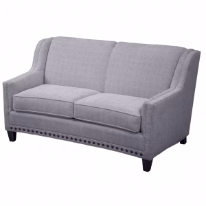 A gray fabric loveseat with curved backrest and armrests, wooden legs, and button detailing is positioned against a white background.