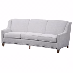 A beige fabric sofa with button tufting, wooden legs, and curved backrest and armrests is positioned against a white background.