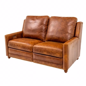 A brown leather sofa with two square cushions and circular back cushions, adorned with wooden armrests and button tufting, stands against a white background.