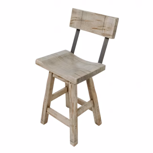 A light-colored wooden chair with a curved backrest and metal armrests stands against a white background, showcasing its rustic charm.