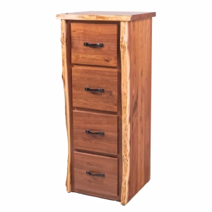 A tall, rustic wooden chest of drawers featuring four drawers with black metal handles and natural live-edge side panels.