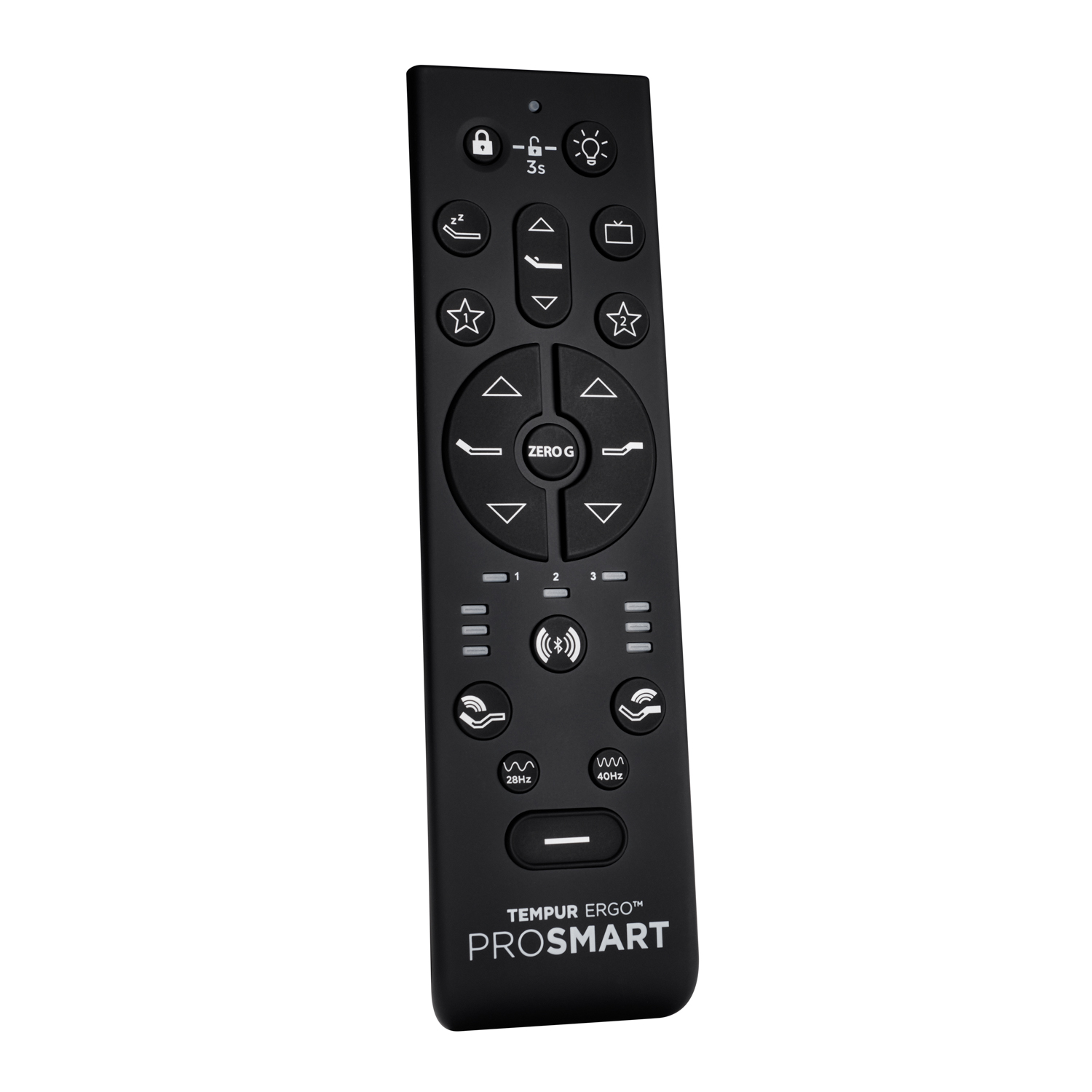 A black Tempur Ergo Pro Smart remote control against a white background.