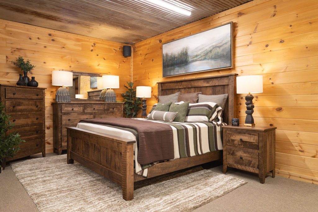 rough sawn brown maple rustic bed with rough sawn wood