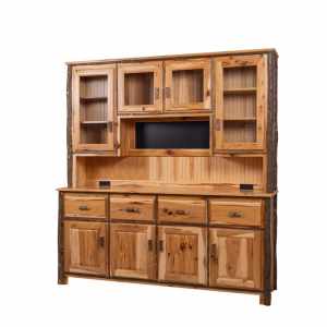 A large, rustic light-wood hutch featuring live-edge bark accents, multiple cabinets with glass doors, a central open cutout, and a bottom section with four drawers and four cupboards.