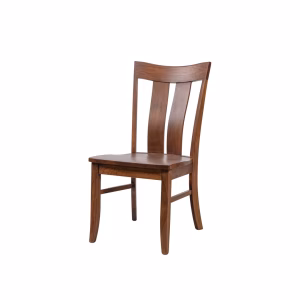 A dark brown wooden dining chair with a slatted back, set against a white background.