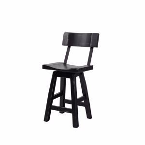 A black wooden bar stool with a backrest, isolated on a white background.