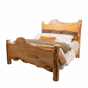 A rustic bed frame made from light-colored wood with natural live edges on the headboard and footboard, dressed in neutral-toned bedding.