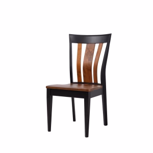 A modern dining chair with a black frame and contrasting brown wood seat and back slats.