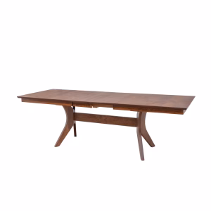 A mid-century modern rectangular brown wooden dining table with tapered legs.