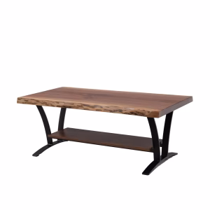 A live-edge wooden coffee table featuring black curved metal legs and a matching wooden lower shelf.