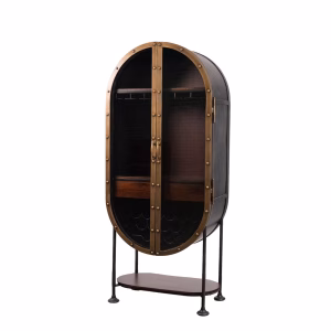 An industrial-style, oval-shaped metal wine cabinet with brass accents and open doors, standing on a black metal frame with a bottom shelf.