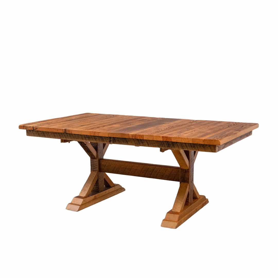 A rectangular wooden table with a trestle base.