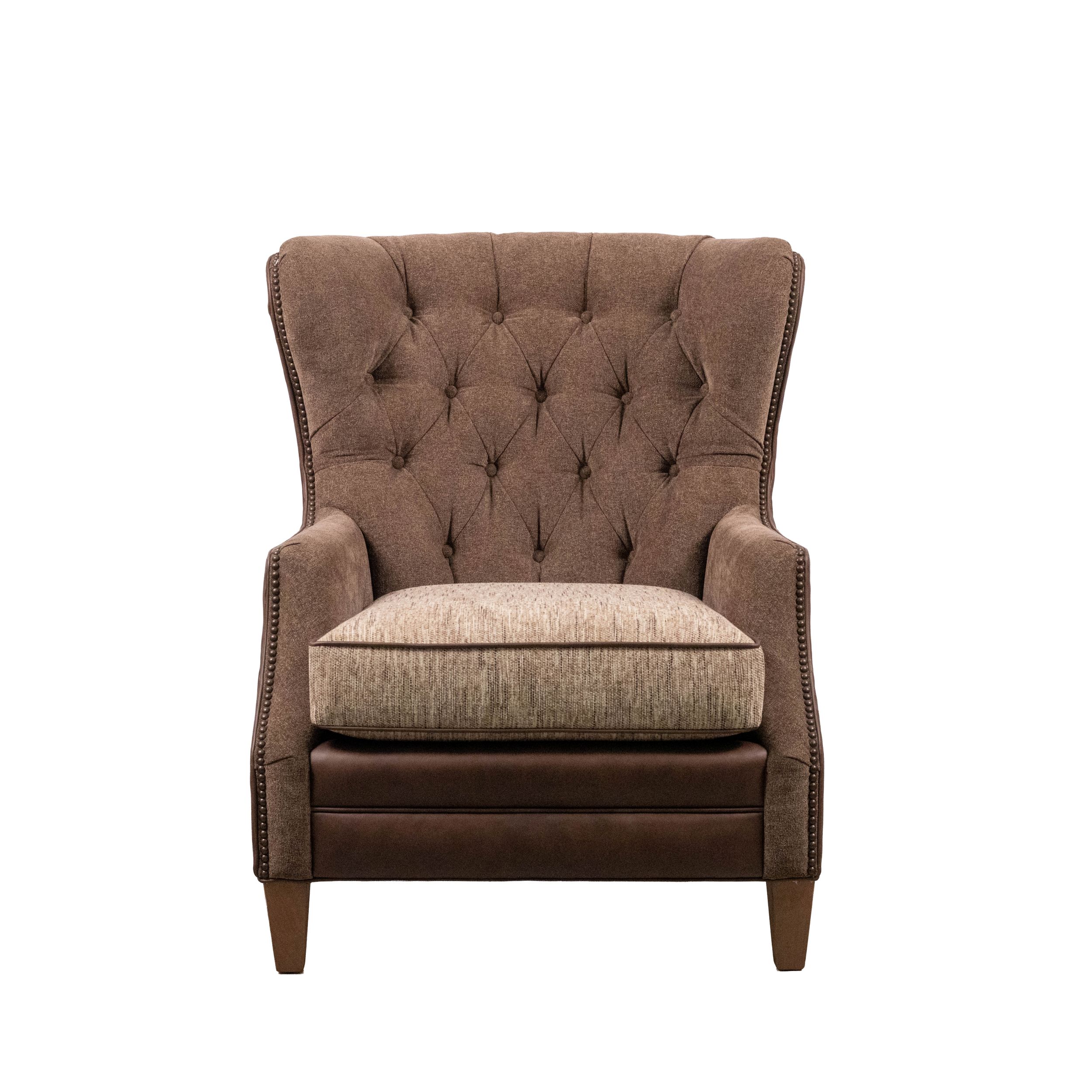 wingback leather and fabric chair with tufted back