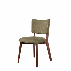 A mid-century modern style chair with olive green patterned fabric upholstery on the seat and backrest and dark brown wooden legs.