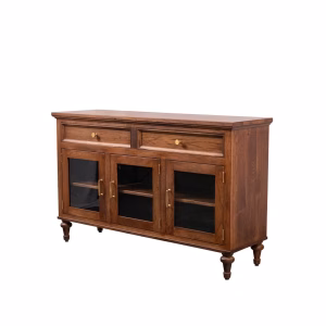 A brown wooden sideboard with two drawers and three glass-door cabinets on turned legs.