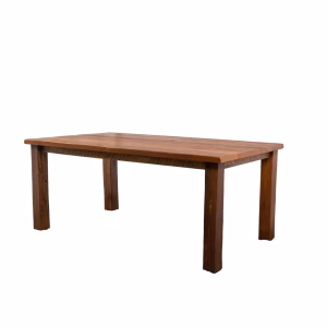 A rectangular, medium-brown wooden table isolated on a white background.