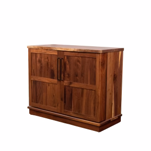 A rustic brown wooden cabinet with two doors and long vertical handles, isolated on a white background.