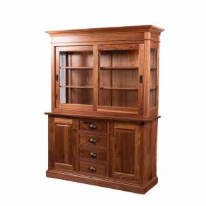 A medium-toned wooden hutch featuring a glass-fronted upper cabinet and a lower base with four central drawers and two side cabinets.