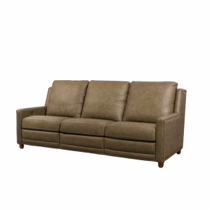 A tan three-seater leather sofa with wooden legs against a plain white background.