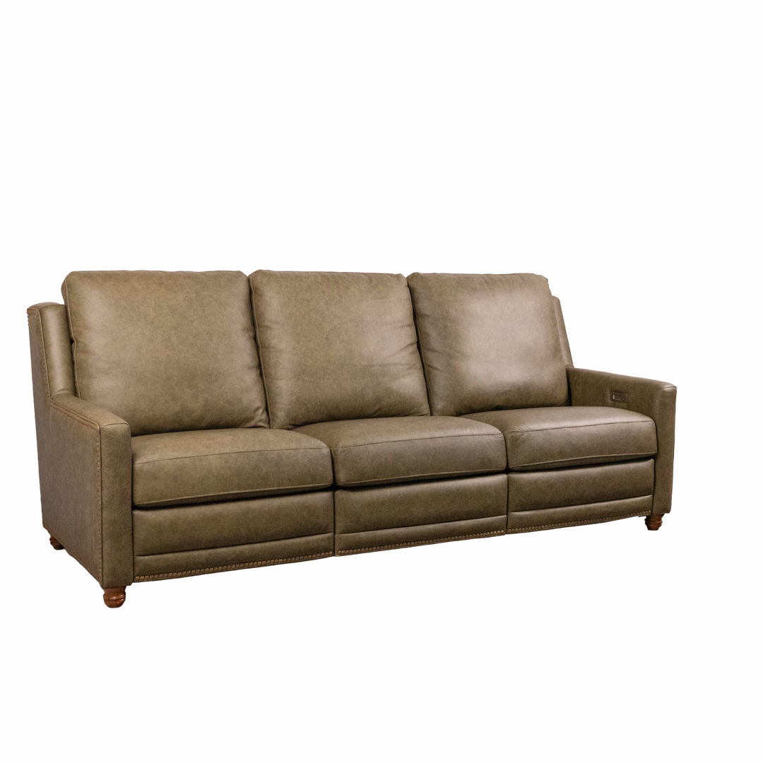 A three-seater taupe leather sofa against a white background.