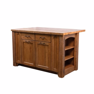 A medium-brown wooden kitchen island featuring a butcher block countertop, two drawers, two lower cabinets, and open shelving on the right side.