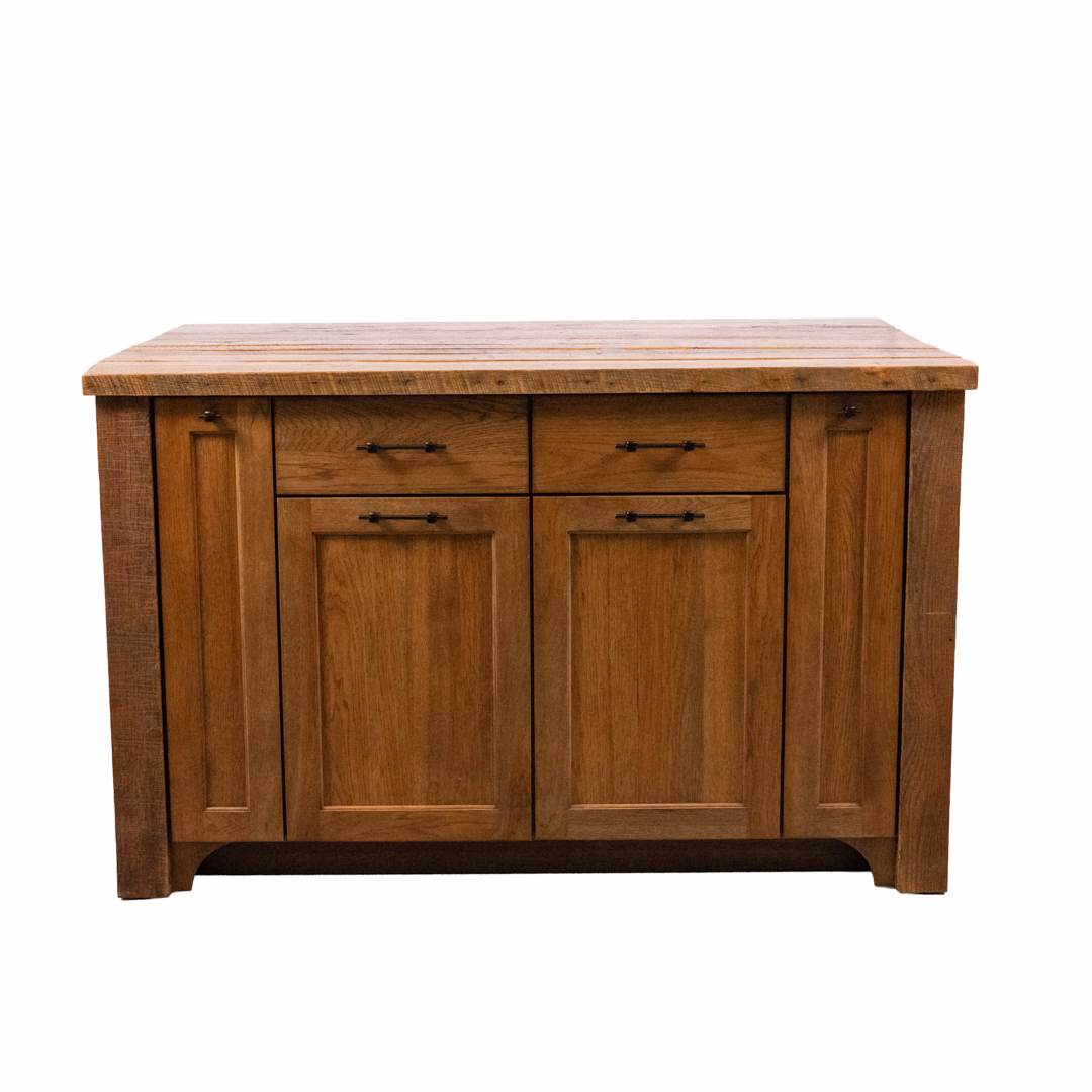 A medium-brown wooden sideboard featuring two top drawers, two central cabinet doors, and two narrow side cabinets, all with black handles.