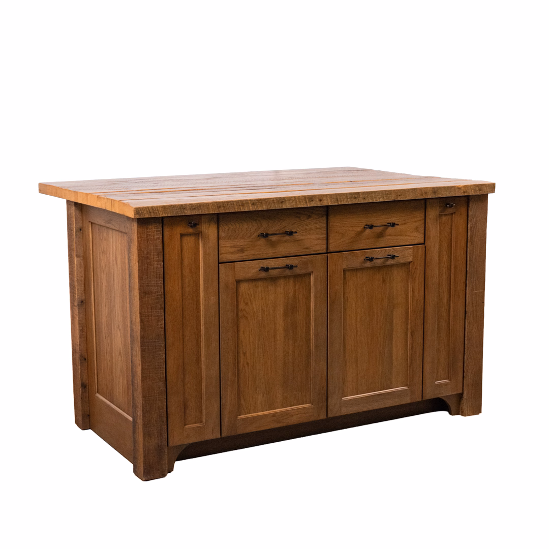 A rustic wooden kitchen island with a thick countertop, featuring two drawers and four cabinets with dark metal handles.
